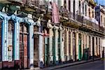 Row of Multi-Colored Pastel Buildings with Barred Windows, Havana, Cuba