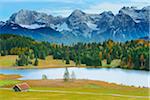 Hay Barn, Lake Geroldsee and Karwendel Mountain Range in Autumn, Werdenfelser Land, Upper Bavaria, Bavaria, Germany