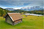 Hay Barn, Lake Geroldsee and Karwendel Mountain Range, Werdenfelser Land, Upper Bavaria, Bavaria, Germany