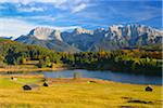 Hay Barns, Lake Geroldsee and Karwendel Mountain Range, near Garmisch-Partenkirchen, Werdenfelser Land, Upper Bavaria, Germany