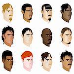 Vector Illustration of 12 different men side profile view.