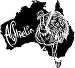 Emu (Dromaius novaehollandiae) on map of Australia. Black and white vector illustration.