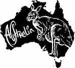 Kangaroo on map of Australia. Black and white vector illustration.