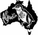 Little penguin (Eudyptula minor) on map of Australia. Black and white vector illustration.