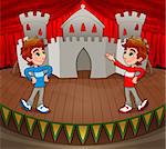 Twins are acting on the stage. Vector and cartoon illustration.