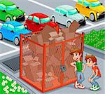 Twins are near a recycling cage.  Vector and cartoon illustration.