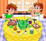 Twins are preparing a green salad.  Vector and cartoon illustration.