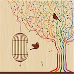 Birdcage on abstract musical tree in retro style. Vector illustration with clipping mask.