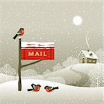 Winter landscape with red mailbox, house and bullfinches. Vector illustration with clipping mask.