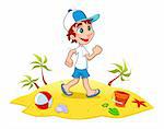 Boy is walking on the sand.  Vector and cartoon illustration.
