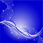 Abstract deep blue background composition with stars and flowing wispy lines. Copy space for text.