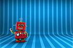 Little happy vintage toy robot waving happily over striped  background