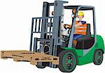 A Green Forklift Truck and Driver carrying a packing case