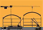 Silhouette of a Construction Site with Tower Crane Cherry Pickers Mobile Crane and Semi Trailer Loaded with Girders