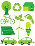Go Green Eco Symbols with Tree Recycle Leaf Footprint Bicycle Solar Panels Windmill Electric Car and Bulb Illustration