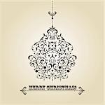 vector vintage Christmas greeting card with highly detailed fir tree ball on gradient background, fully editable eps 8 file, standart AI font