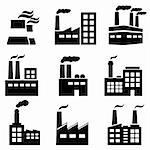 Industrial building, factory and power plants icon set