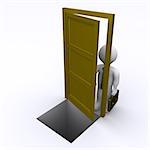 3d businessman is opening a door that has a gap behind it