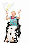 Senior woman screaming in frustration over her medical bills.  Full body isolated on white.