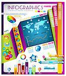 Infographic with a lot of design elements - set of paper tags, technology icons, cloud cmputing, graphs, paper tags, arrows, world map and so on. Ideal for statistic data display.