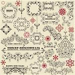 vector vintage holiday floral  design elements  and snowflakes, fully editable eps 8 file, standard AI fonts: rosewood std, stencil std bold, eccentric std, gyddyup std