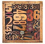 number abstract - vintage letterpress wood type blocks in a box, different size and style