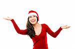 Beautiful asian woman wearing Santa's hat looking up with arms open, isolated on white