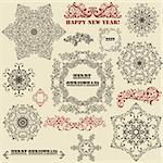 vector vintage holiday floral  design elements  and snowflakes, fully editable eps 8 file, standard AI fonts: rosewood std, stencil std bold,