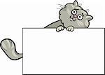 Cartoon Illustration of Funny Fluffy Cat with White Card or Board Greeting or Business Card Design Isolated