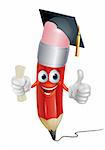 Pencil mascot graduate man cartoon. A pencil cartoon man with diploma or certificate wearing a graduation cap and doing a thumbs up