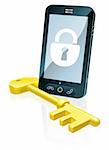 A mobile phone security concept. Mobile phone with gold key and padlock lock icon on the screen