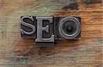 SEO (search engine optimization) acronym - vintage leterpress metal type blocks on a grunge painted wood