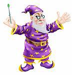 A cartoon cute friendly old wizard character holding a wand