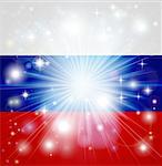 Flag of Russian Federation background with pyrotechnic or light burst and copy space in the centre