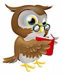 An illustration of a cute wise cartoon owl character wearing glasses and reading a book