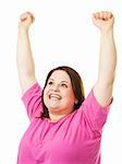 Pretty, overweight woman raising her arms in celebration.  Isolated on white.