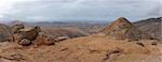 Panorama of volcanic hills, Fuerteventura, Canary Islands. Ocean in background.