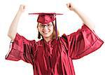 Female graduate in her cap and gown, raising her arms in a gesture of success.  Isolated on white.