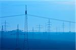 Electricity Pylon on Misty Morning, Erlenbach, Lower Franconia, Bavaria, Germany