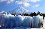 View of mount Fuji and icicles at Yachonomori Park, Yamanashi Prefecture