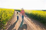 Mother and daughter walking on dirt road