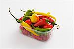 Various types of peppers in a plastic bowl