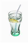 A glass of water with a slice of lemon and a straw