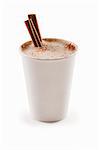 Cinnamon Cappuccino in a Paper Cup with Cinnamon Sticks; White Background