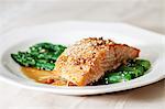 A salmon fillet on green asparagus