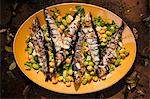 Platter of Grilled Sardines with Lupini and Fava Beans; From Above