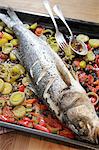 Sea bass on bed of vegetables