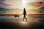 Silhouette of woman and dog walking on beach