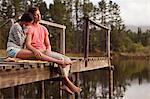 Serene couple sitting at edge of dock over lake