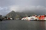 Henningsvaer and mountains after rain, Lofoten Islands, Norway, Scandinavia, Europe